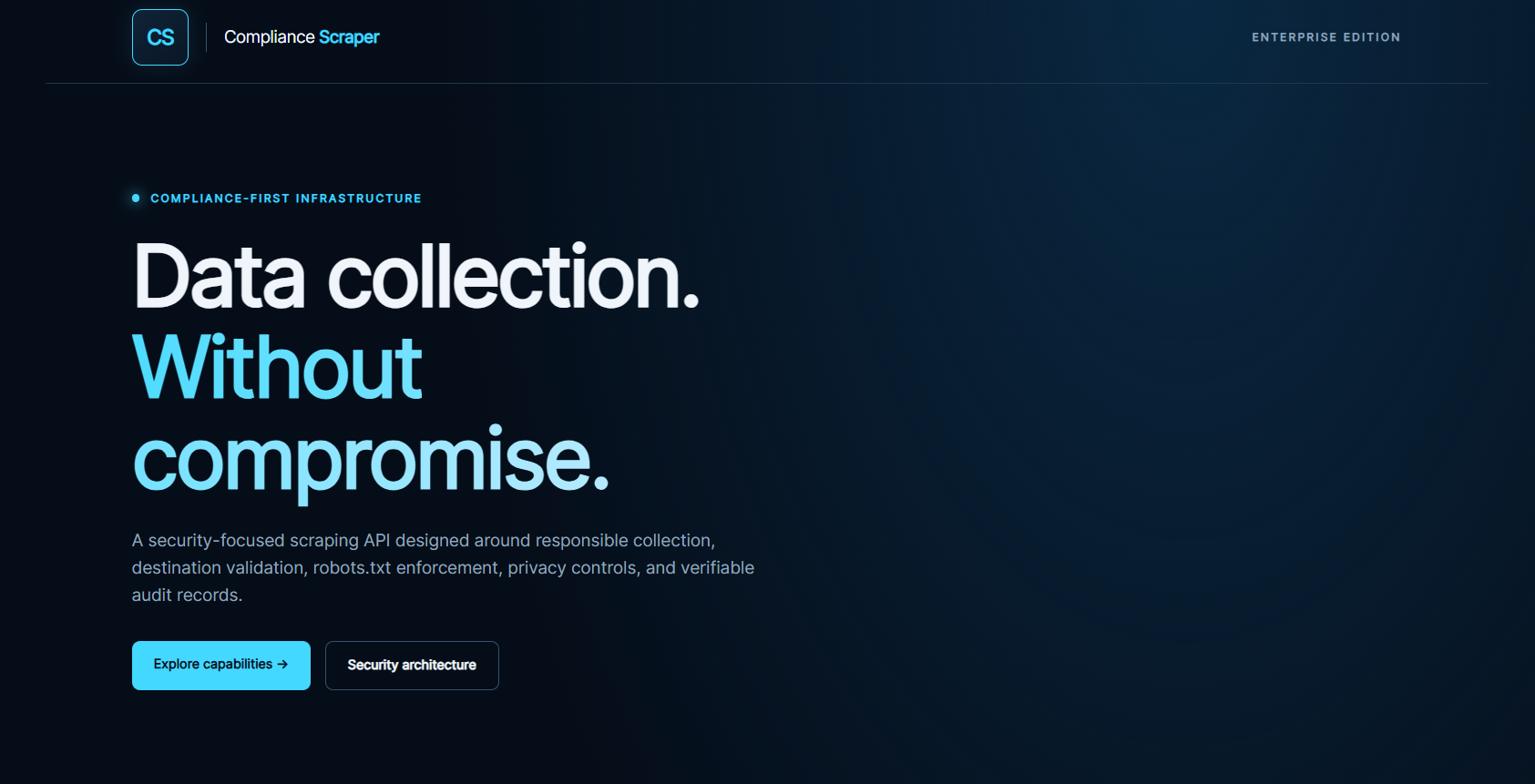 Compliance Scraper homepage introducing a security-focused data collection API with a navy and cyan design.
