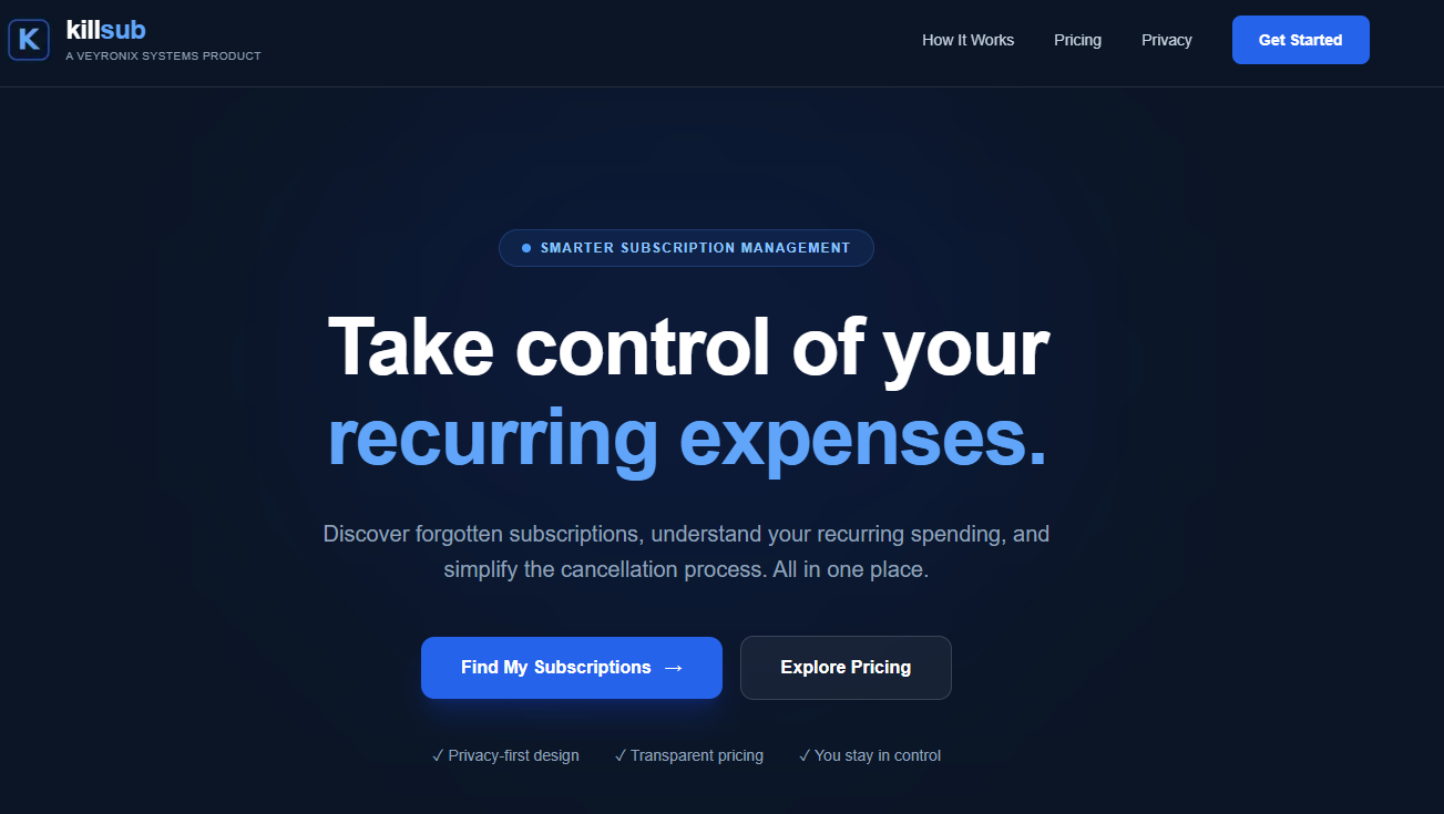 Killsub homepage preview introducing subscription management with a navy and blue design.